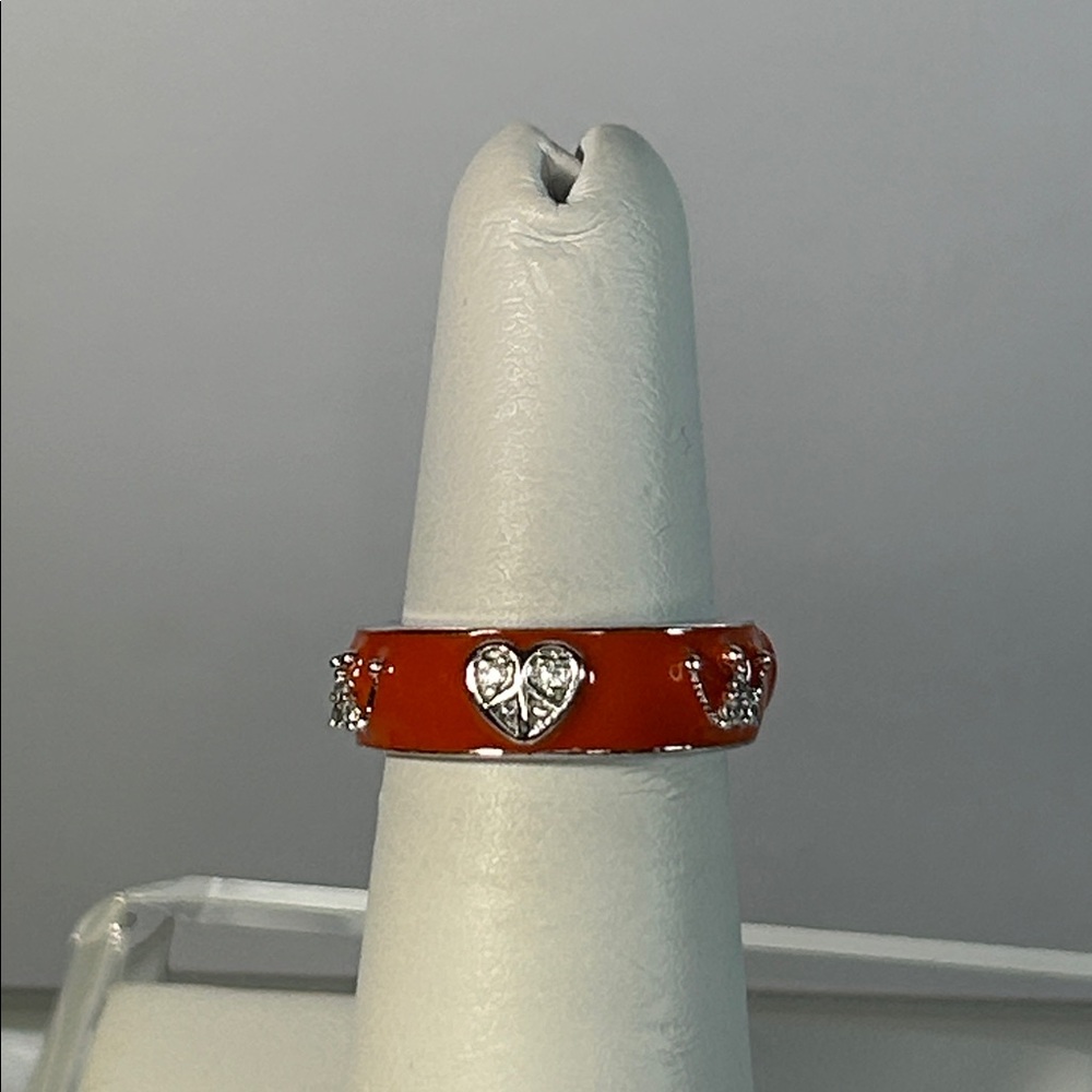 NWOT Peace And Love Crown & Heart Sterling Silver Orange Enamel Designer Ring